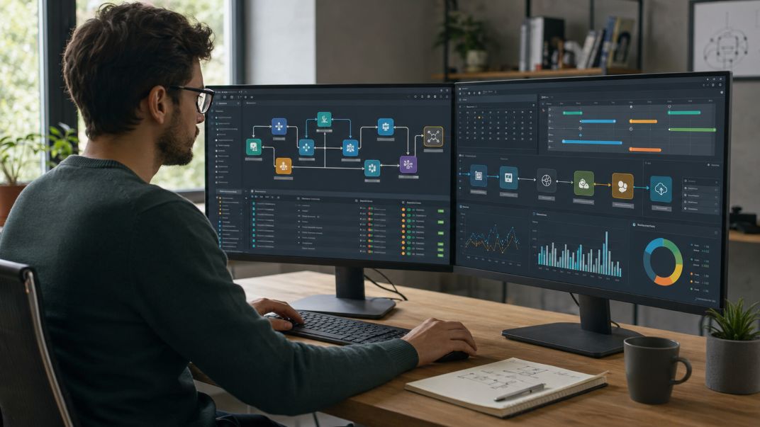 Developer Designing a Social Automation Workflow